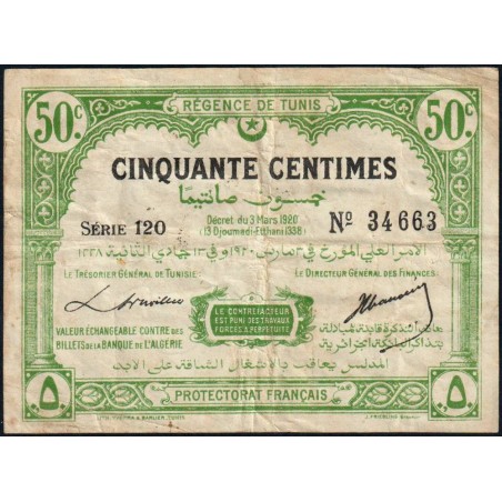 Régence de Tunis - Pick 48_3 - 50 centimes - Série 120 - 03/03/1920 - Etat : TB+