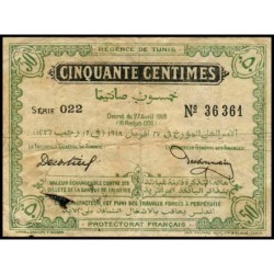 Régence de Tunis - Pick 35 - 50 centimes - Série 022 - 27/04/1918 - Etat : TB-
