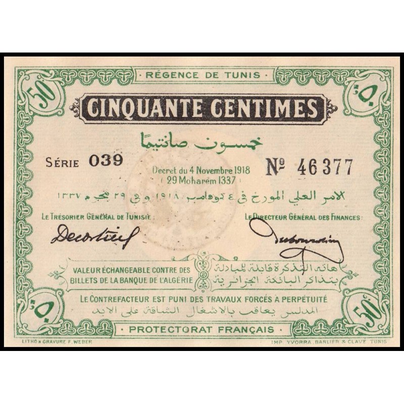 Régence de Tunis - Pick 42 - 50 centimes - Série 039 - 04/11/1918 - Etat : pr.NEUF