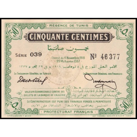 Régence de Tunis - Pick 42 - 50 centimes - Série 039 - 04/11/1918 - Etat : pr.NEUF