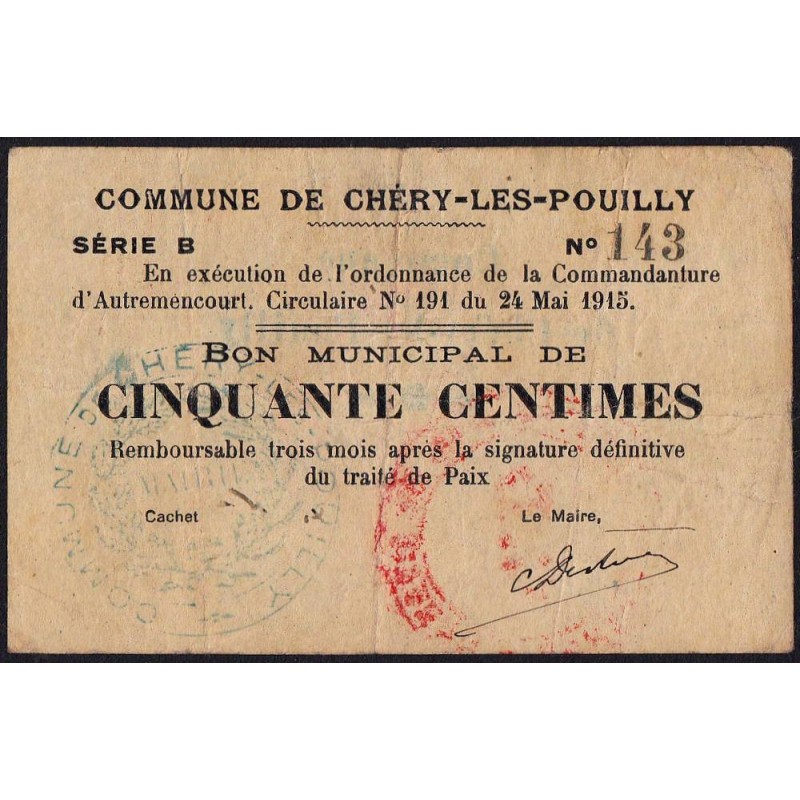 02 - Chéry-les-Pouilly - Commune - 50 centimes - Série B - 24/05/1915 - Etat : TB+