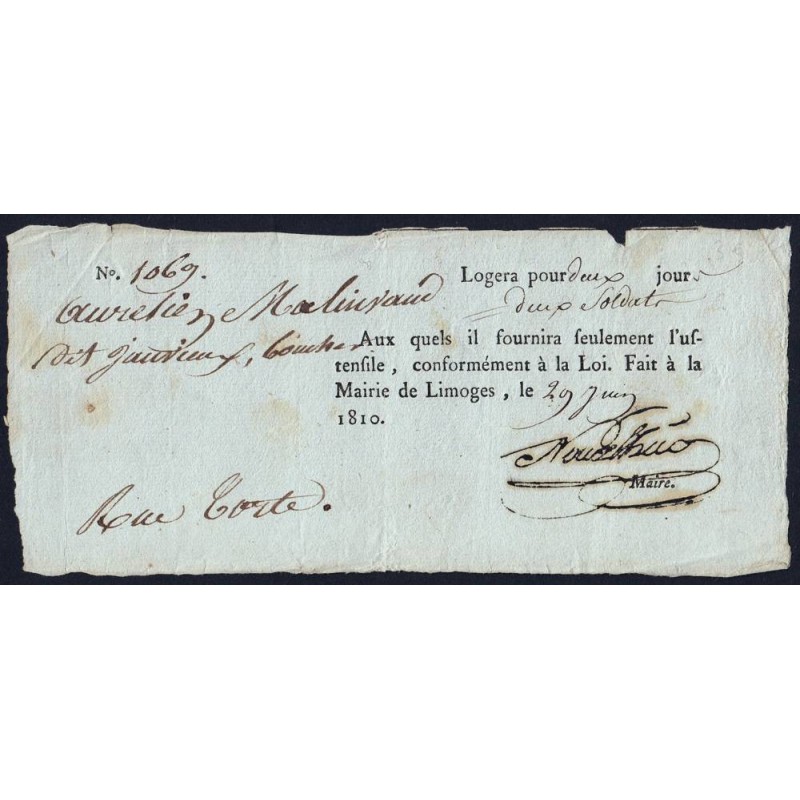 Haute-Vienne - Limoges - 1er empire - 1810 - Logement de 2 soldats - Etat : TTB