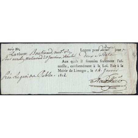 Haute-Vienne - Limoges - 1er empire - 1812 - Logement de 2 soldats - Etat : TB+