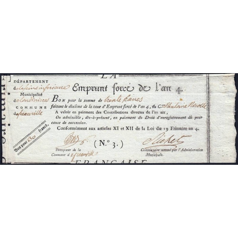 Seine-Maritime - Fréauville - Révolution - Emprunt forcé de l'an IV - 30 francs - Etat : SUP