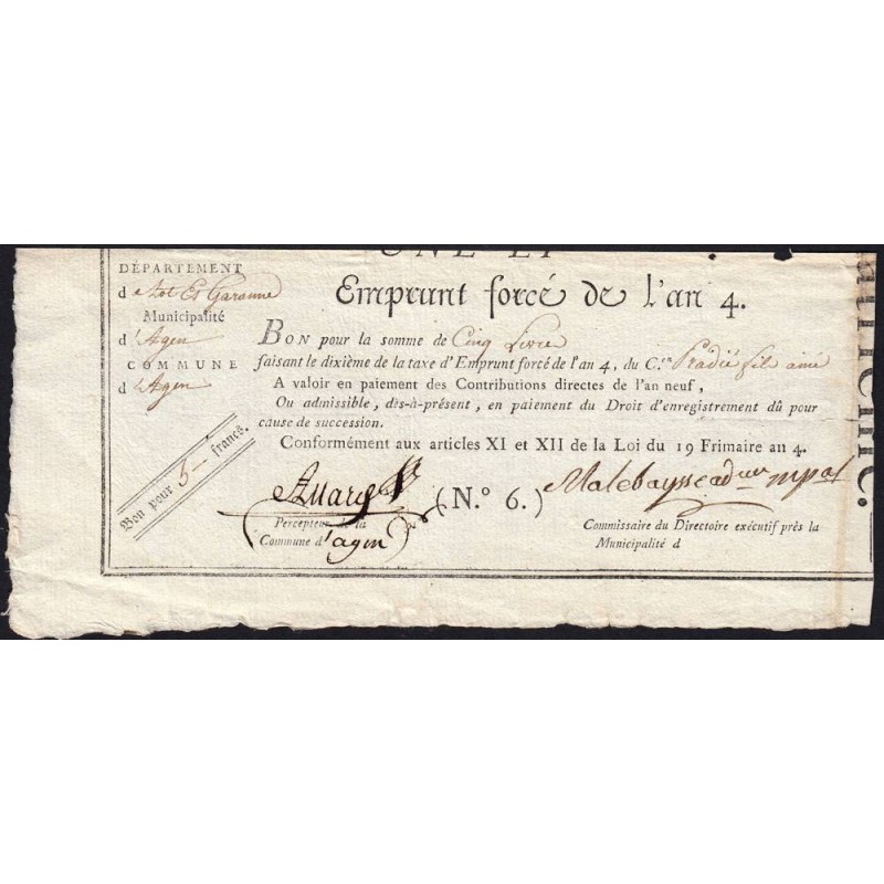 Lot-et-Garonne - Agen - Révolution - 1795 - Emprunt forcé de l'an IV - 5 francs - Etat : TTB