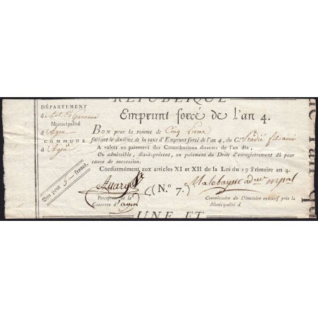 Lot-et-Garonne - Agen - Révolution - 1795 - Emprunt forcé de l'an IV - 5 francs - Etat : TTB