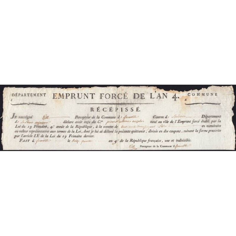 Seine-Maritime - Fréauville - 1796 - Récépissé de l'emprunt forcé de l'an IV - Etat : TB+