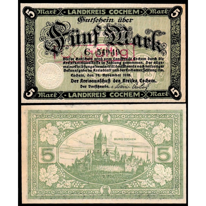 Allemagne - Notgeld - Cochem - 5 mark - 19/11/1918 - Série C - Etat : NEUF