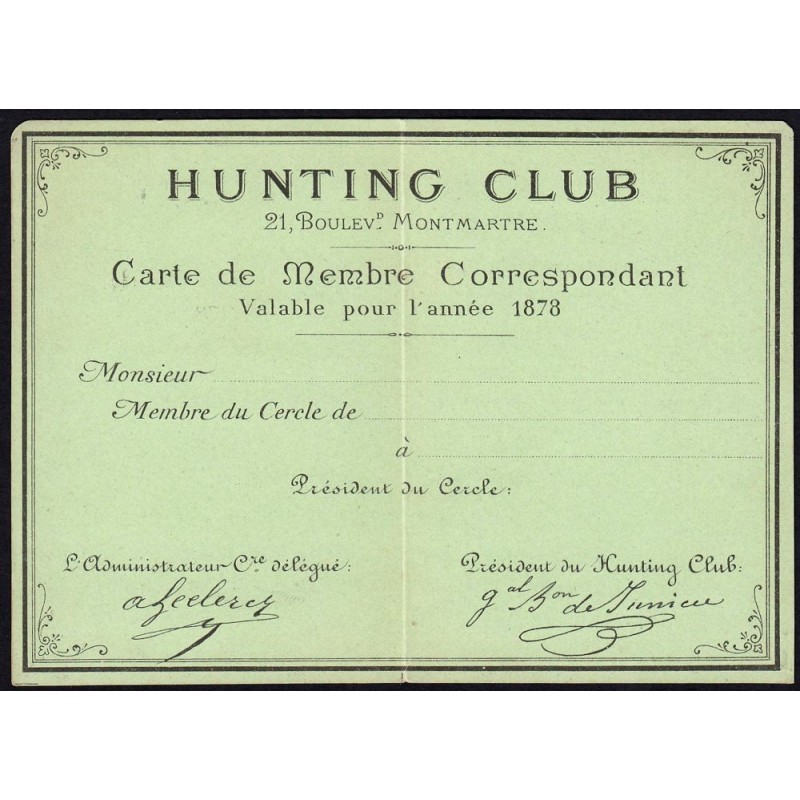 75 - Paris - Hunting Club de Montmartre - Carte de membre - Etat : TTB+