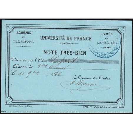 03 - Moulins - Lycée de Moulins - Carte de mérite - 11/11/1881 - Etat : SPL