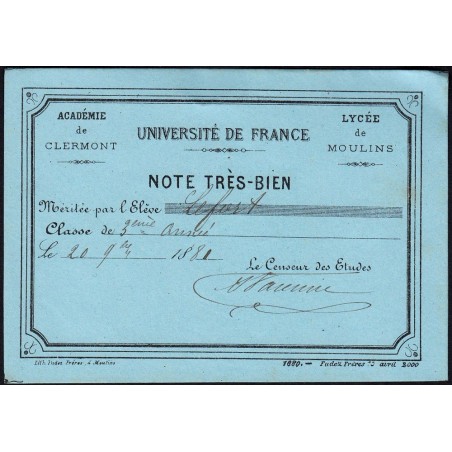 03 - Moulins - Lycée de Moulins - Carte de mérite - 20/11/1881 - Etat : SPL