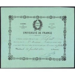 03 - Moulins - Lycée de Moulins - Carte de mérite - 31/07/1882 - Etat : SPL+