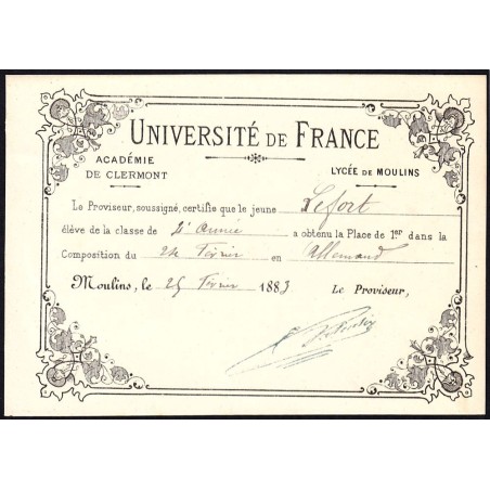 03 - Moulins - Lycée de Moulins - Carte de classement - 25/02/1883 - Etat : SPL+