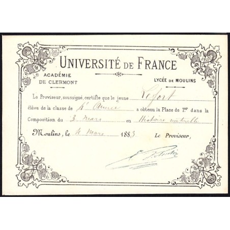 03 - Moulins - Lycée de Moulins - Carte de classement - 04/03/1883 - Etat : SPL+