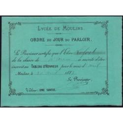 03 - Moulins - Lycée de Moulins - Carte de mérite - 30/04/1883 - Etat : TTB+