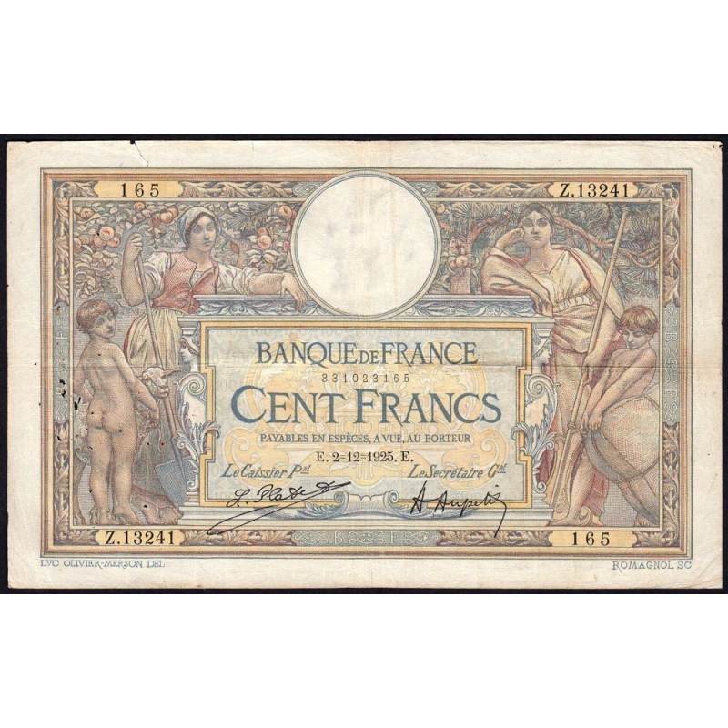 F 24-03 - 02/12/1925 - 100 francs - Merson grands cartouches - Série Z.13241 - Etat : TB+