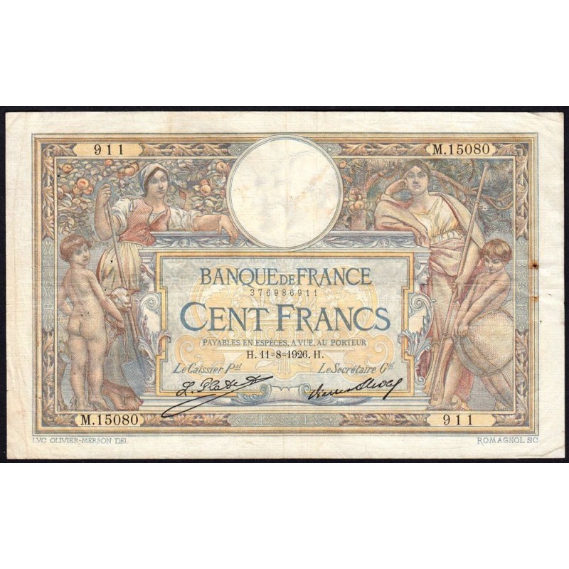 F 24-05 - 11/08/1926 - 100 francs - Merson grands cartouches - Série M.15080 - Etat : TB+