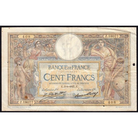 F 24-06 - 09/06/1927 - 100 francs - Merson grands cartouches - Série Z.18077 - Etat : TB+