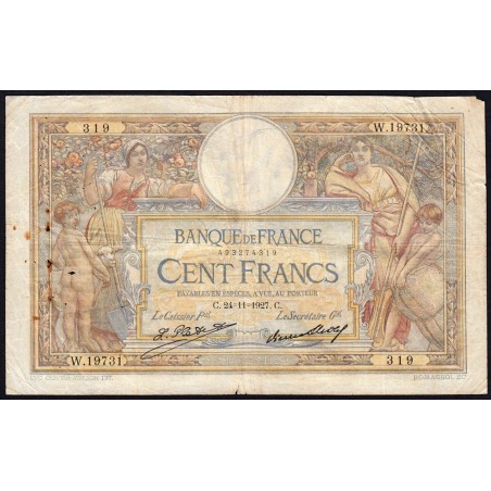 F 24-06 - 24/11/1927 - 100 francs - Merson grands cartouches - Série W.19731 - Remplacem. - Etat : TB