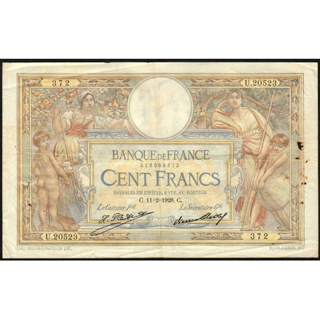 F 24-07 - 11/02/1928 - 100 francs - Merson grands cartouches - Série U.20523 - Etat : TB