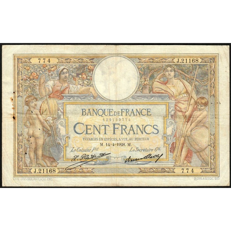 F 24-07 - 14/04/1928 - 100 francs - Merson grands cartouches - Série J.21168 - Etat : TB+