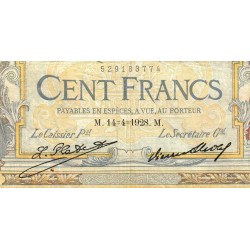 F 24-07 - 14/04/1928 - 100 francs - Merson grands cartouches - Série J.21168 - Etat : TB+