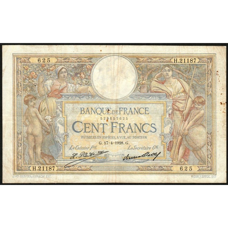 F 24-07 - 17/04/1928 - 100 francs - Merson grands cartouches - Série H.21187 - Etat : TB