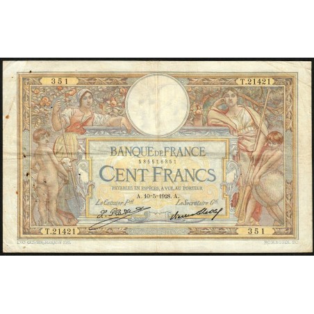 F 24-07 - 10/05/1928 - 100 francs - Merson grands cartouches - Série T.21421 - Etat : TB+