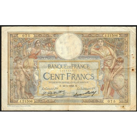 F 24-07 - 19/05/1928 - 100 francs - Merson grands cartouches - Série J.21506 - Etat : TB