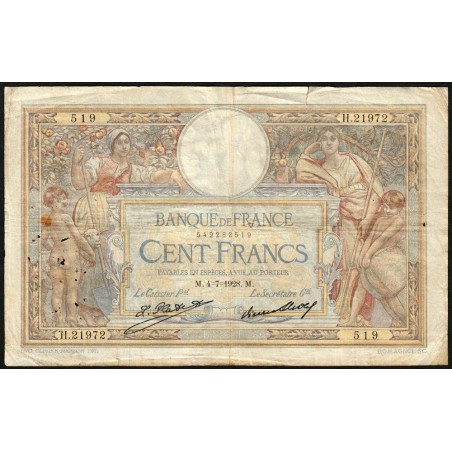 F 24-07 - 04/07/1928 - 100 francs - Merson grands cartouches - Série H.21972 - Etat : TB-