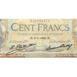 F 24-07 - 09/07/1928 - 100 francs - Merson grands cartouches - Série W.22016 - Remplacem. - Etat : TTB-