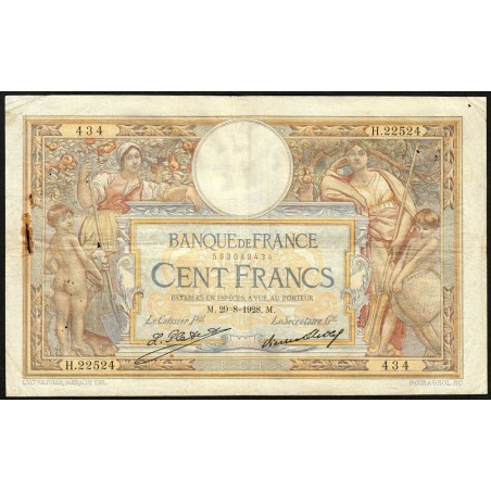 F 24-07 - 29/08/1928 - 100 francs - Merson grands cartouches - Série H.22524 - Etat : TB+