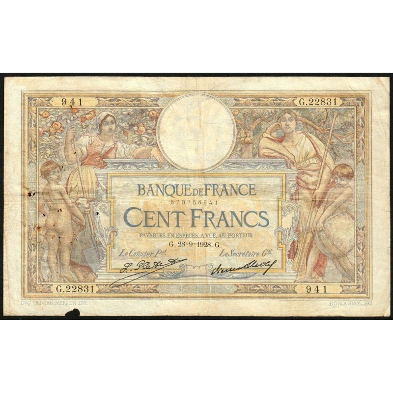 F 24-07 - 28/09/1928 - 100 francs - Merson grands cartouches - Série G.22831 - Etat : TB-