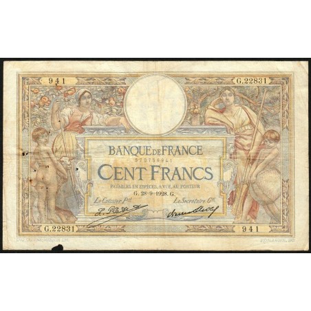 F 24-07 - 28/09/1928 - 100 francs - Merson grands cartouches - Série G.22831 - Etat : TB-