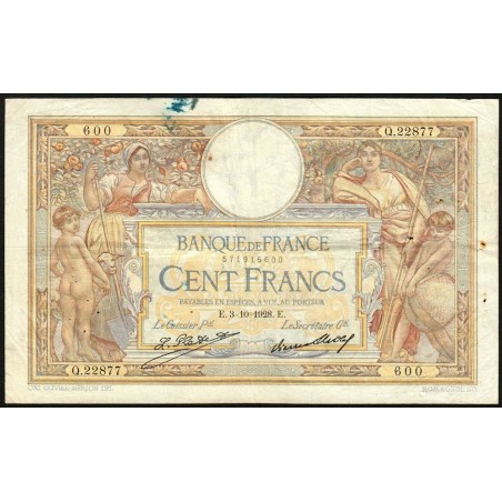 F 24-07 - 03/10/1928 - 100 francs - Merson grands cartouches - Série Q.22877 - Etat : TB