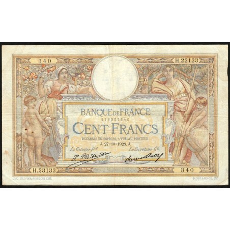 F 24-07 - 27/10/1928 - 100 francs - Merson grands cartouches - Série H.23133 - Etat : TB+