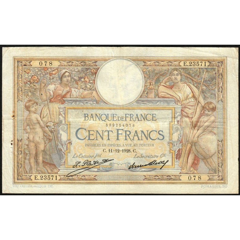 F 24-07 - 11/12/1928 - 100 francs - Merson grands cartouches - Série E.23571 - Etat : TB+