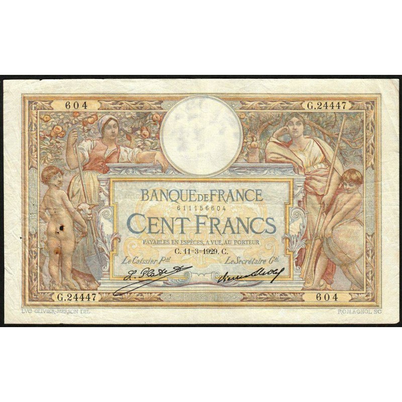 F 24-08 - 11/03/1929 - 100 francs - Merson grands cartouches - Série G.24447 - Etat : TTB-