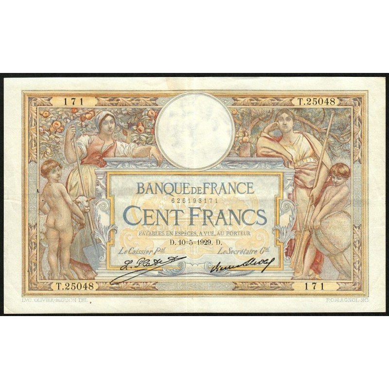 F 24-08 - 10/05/1929 - 100 francs - Merson grands cartouches - Série T.25048 - Etat : TTB+