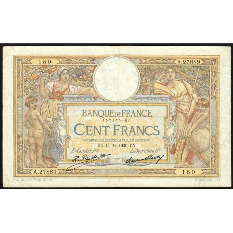 F 24-09b - 11/12/1930 - 100 francs - Merson grands cartouches - Série A.27889 - Etat : TTB-