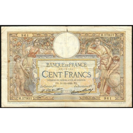 F 24-09b - 11/12/1930 - 100 francs - Merson grands cartouches - Série H.27931 - Etat : TB+