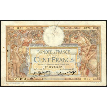 F 24-11 - 11/02/1932 - 100 francs - Merson grands cartouches - Série C.34203 - Etat : TB-