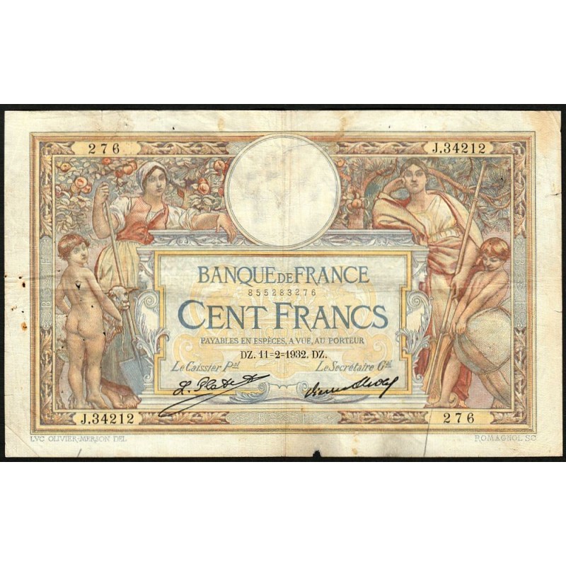 F 24-11 - 11/02/1932 - 100 francs - Merson grands cartouches - Série J.34212 - Etat : TB-