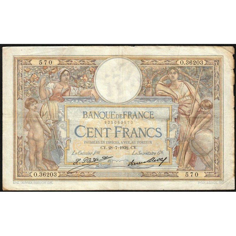 F 24-11 - 28/07/1932 - 100 francs - Merson grands cartouches - Série O.36203 - Etat : TB-