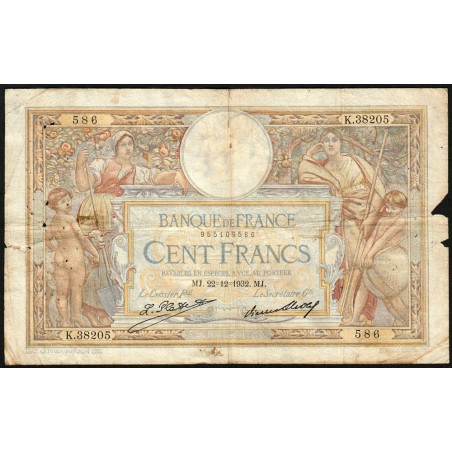 F 24-11 - 22/12/1932 - 100 francs - Merson grands cartouches - Série K.38205 - Etat : B