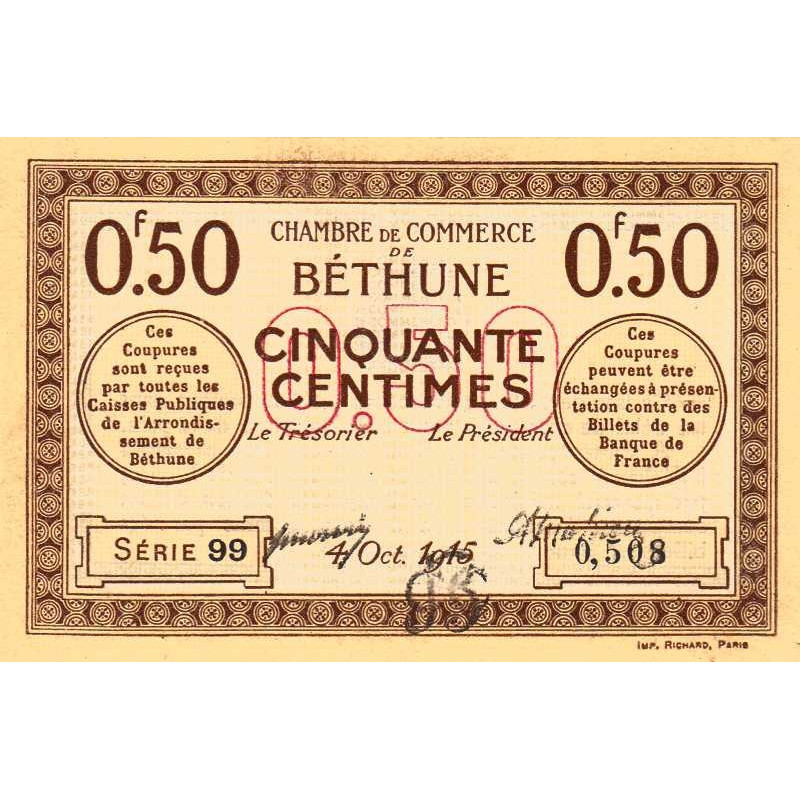 Béthune - Pirot 26-1 - 50 centimes - Série 99 - 04/10/1915 - Etat : SUP+