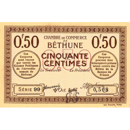 Béthune - Pirot 26-1 - 50 centimes - Série 99 - 04/10/1915 - Etat : SUP+