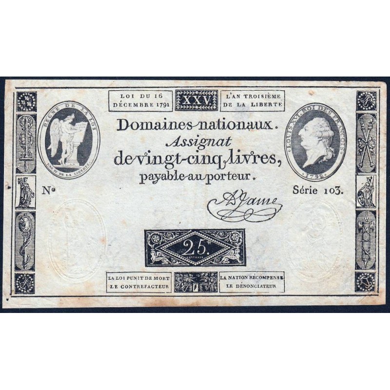 Assignat 22a - 25 livres - 16 décembre 1791 - Série 103 - Etat : TTB-