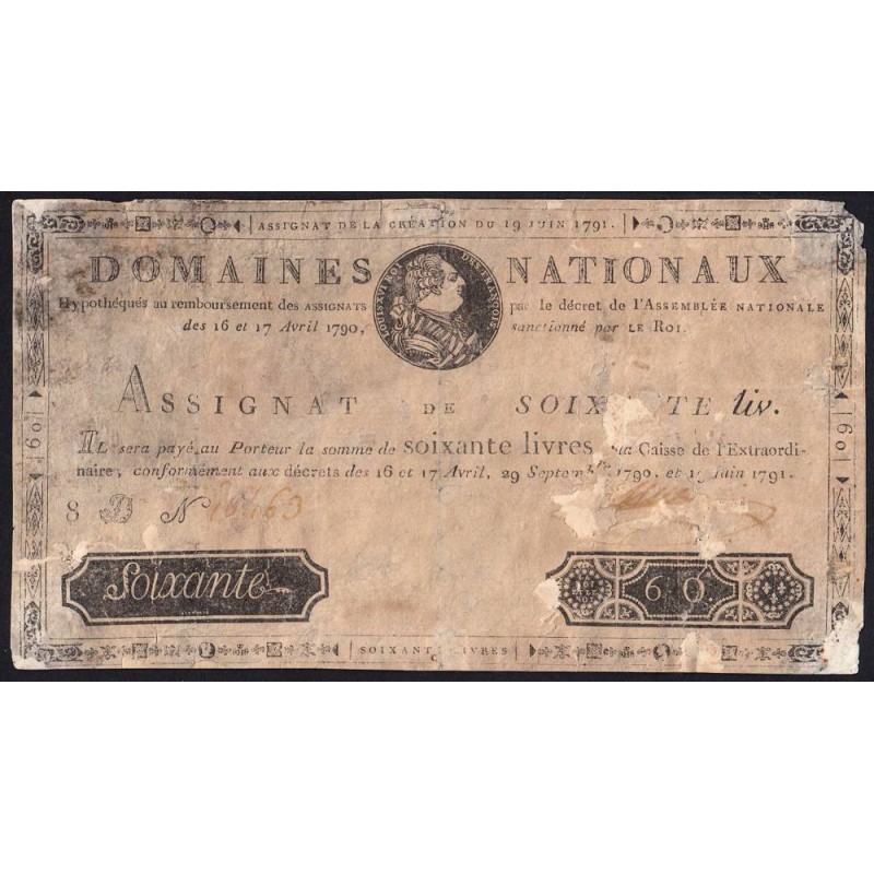 Assignat 14f-01 - Faux 60 livres - 19 juin 1791 - Série 8D - Etat : B