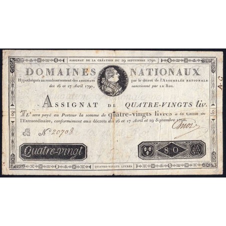 Assignat 07a - 80 livres - 29 septembre 1790 - Série B - Etat : TTB